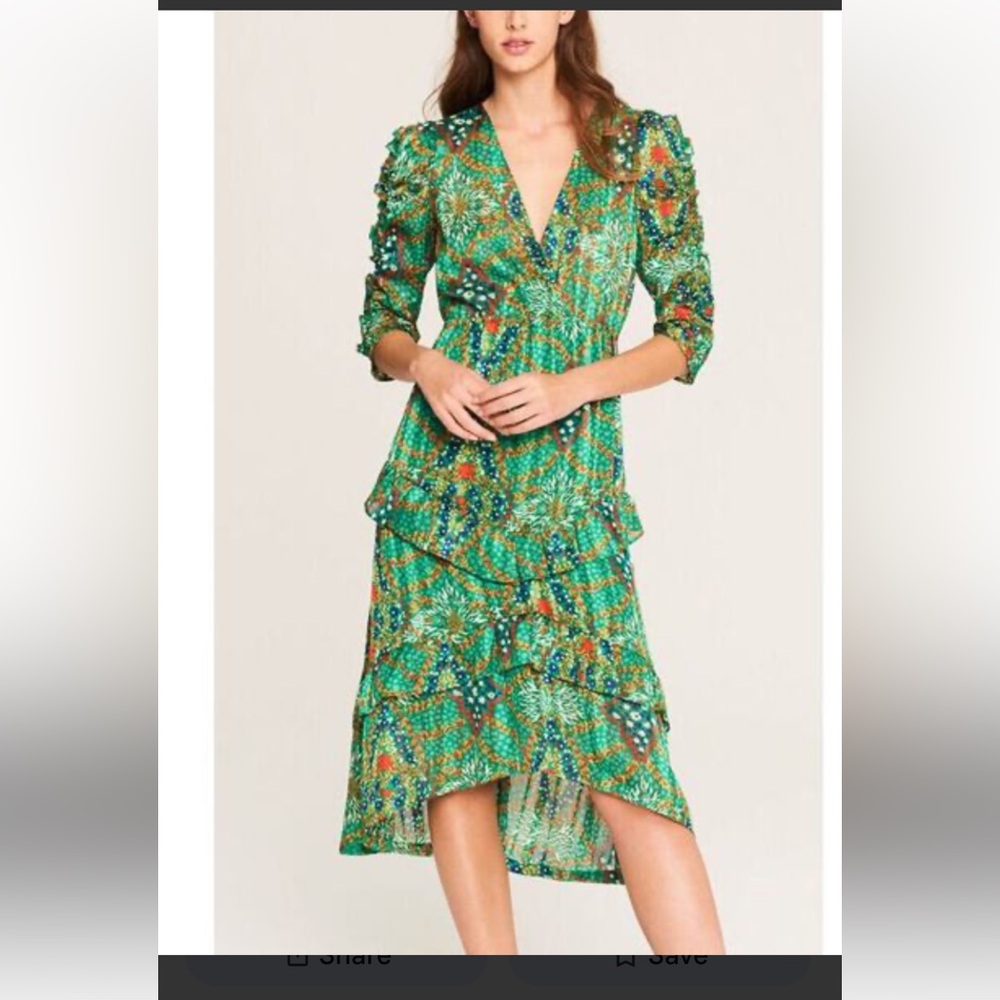 Ba&sh Green Floral S Small 1 US 6 Dress A-line Ruffle Hi-Low Midi Ruffle